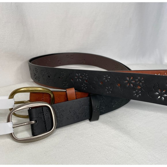 Jessica Simpson Belts Faux Leather Perforated Floral Black & Tan Size Small - Picture 2 of 8